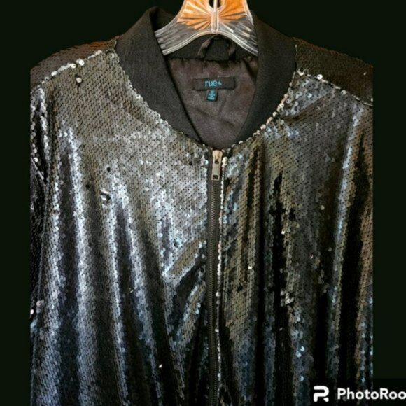 Rue+ Black Sequin Bomber Jacket size 1X EUC - Picture 2 of 13